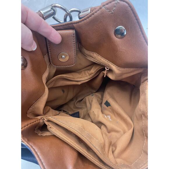 Women's Navy and Brown Handbag Purse Preowned - Picture 4 of 4